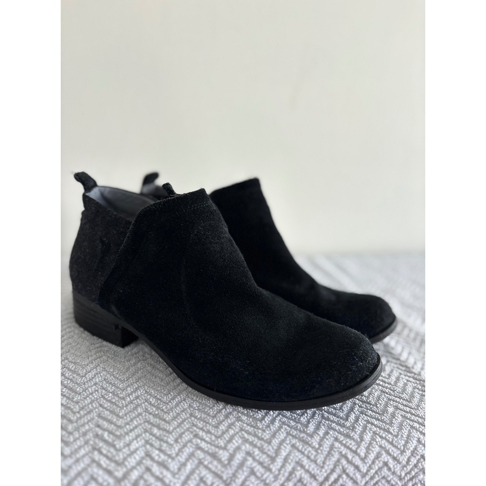 TOMS Black Suede Mixed Media Ankle Booties Side Zip Block Heel Women's 9.5